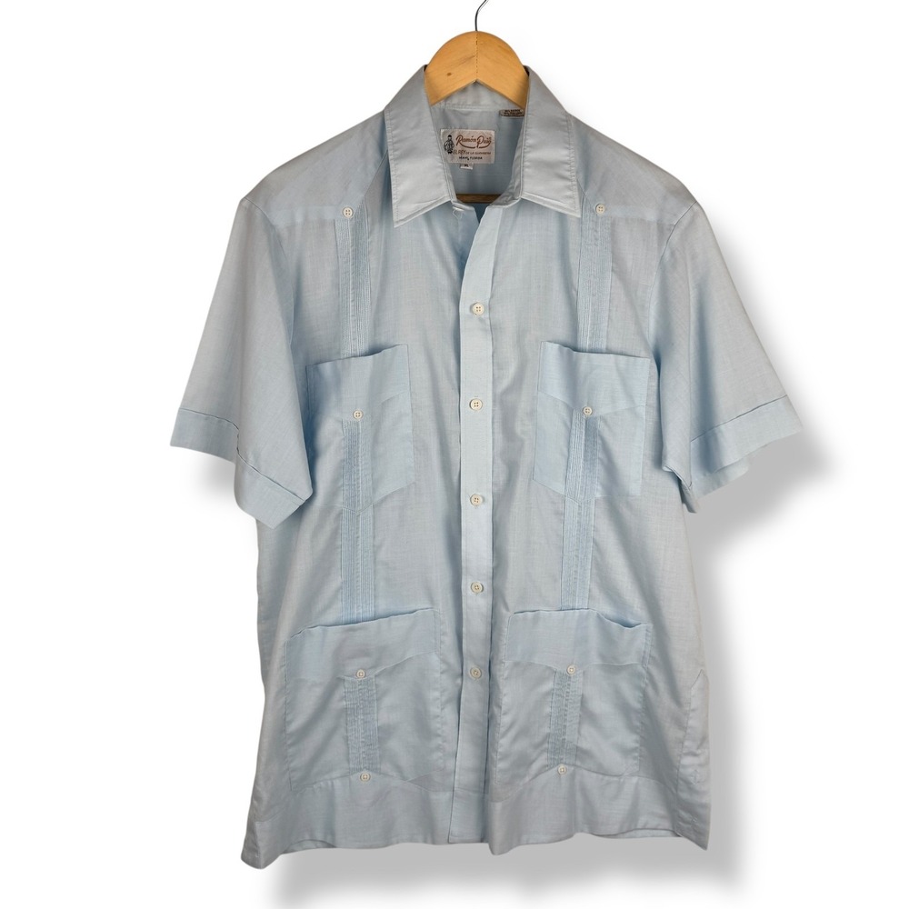 Ramon Puig Guayabera Mens Shirt Blue Size M L Linen Blend Pleats Cuban Vintage